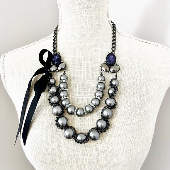 Talbots Chunky Faux Silver Pearl & Chain Purple Stone Statement Necklace - Picture 2 of 8